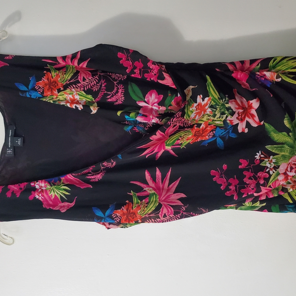 Floral Black Dress with Pink and Green Accents